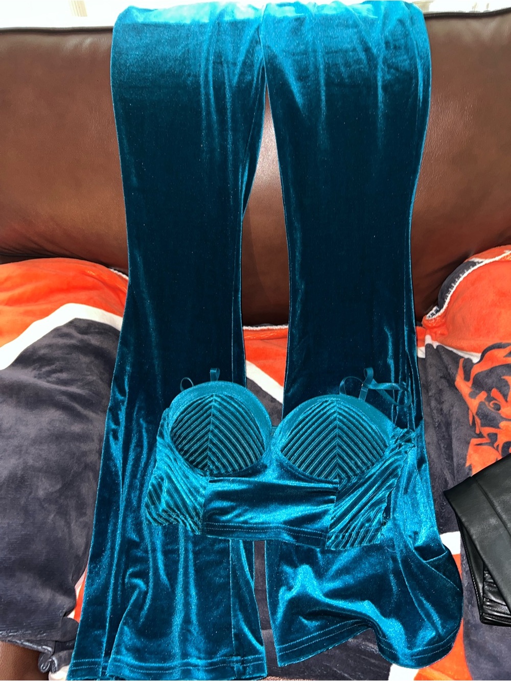AKIRA Teal/turquoise Velvet Bustier & Flared Pant Set. Never worn. Fits medium
